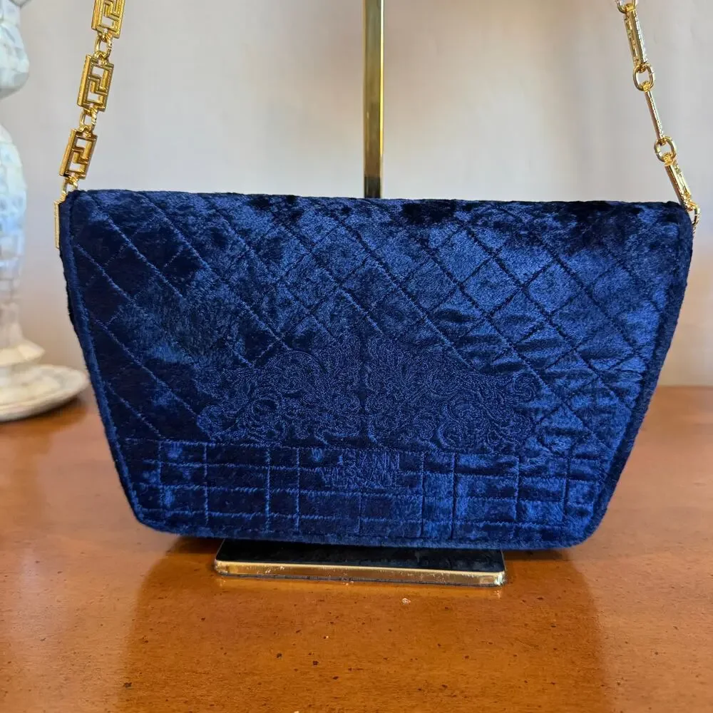 Very Rare Vintage Gianni Versace Blue Velvet Gold Chain Shoulder Bag - Picture 3 of 10